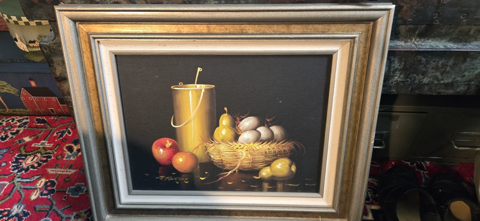 Vintage Oil Painting On Canvas Still Life Fruit, Eggs Decanter artist signed