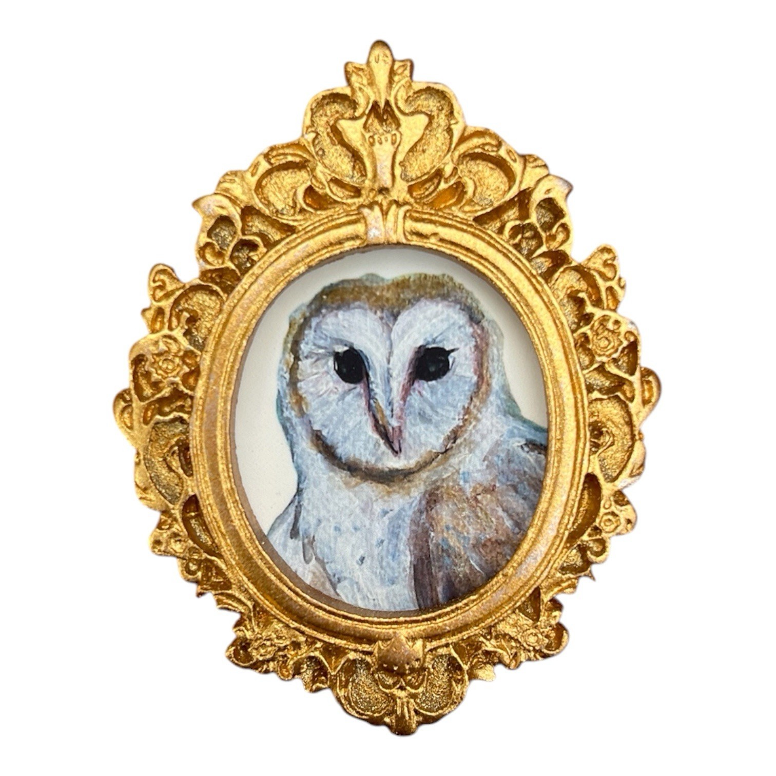TEENY MINI • Owl 🦉 watercolor bird print in TINY ornate frame