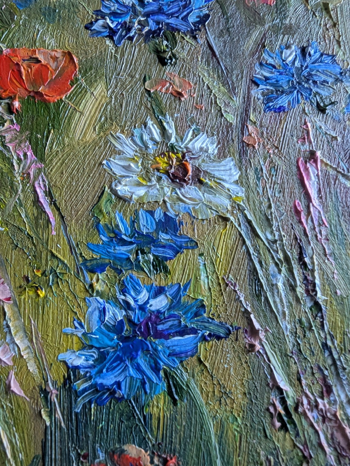 Cornflowers, Daisies, Poppies ORIGINAL OIL Painting WILDFLOWERS impasto 10″x 8″