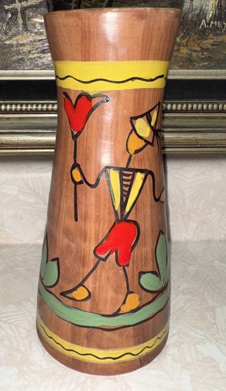 Vtg. VASE, Floraton Handpainted 1960, Art Deco, Clay Vase. Italy, And Signed.