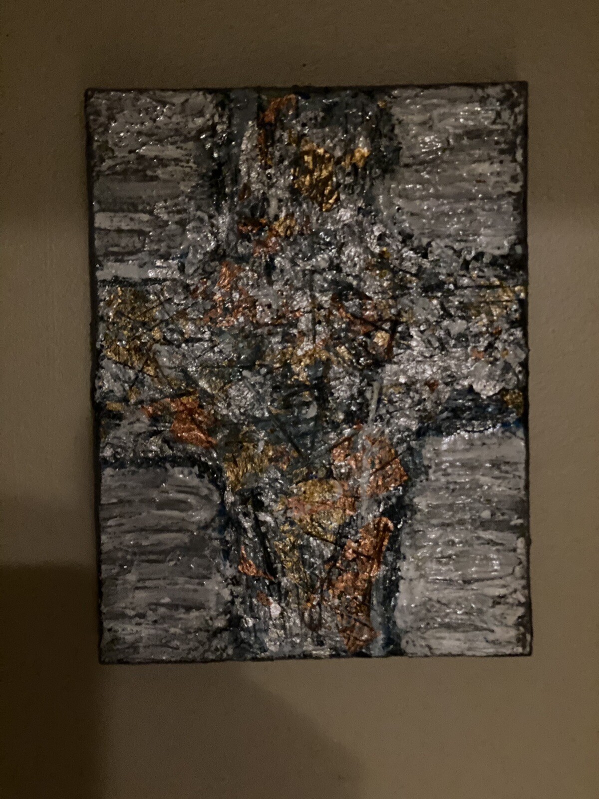 hand painted cross on wood Blue And Grey Tones Highly Textured 12×9