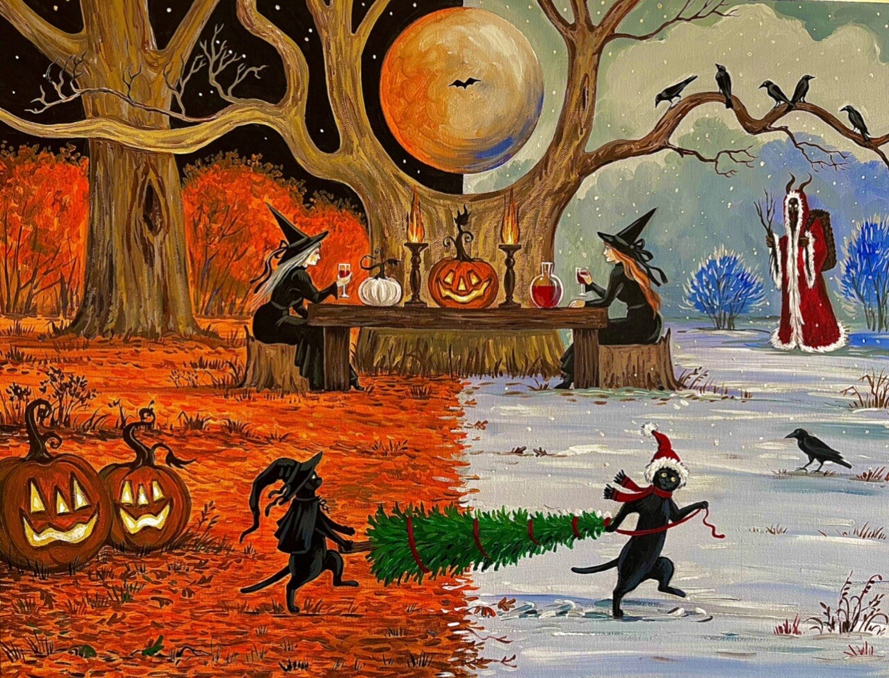 ACEO print OF PAINTING CHRISTMAS HALLOWEEN RYTA KRAMPUS SALEM BLACK CAT WITCH