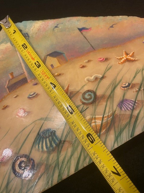 Marcia Abramsohn, Oil on Verdi Marble, Signed Beach Scene Lighthouse 7.5X7.5X1″