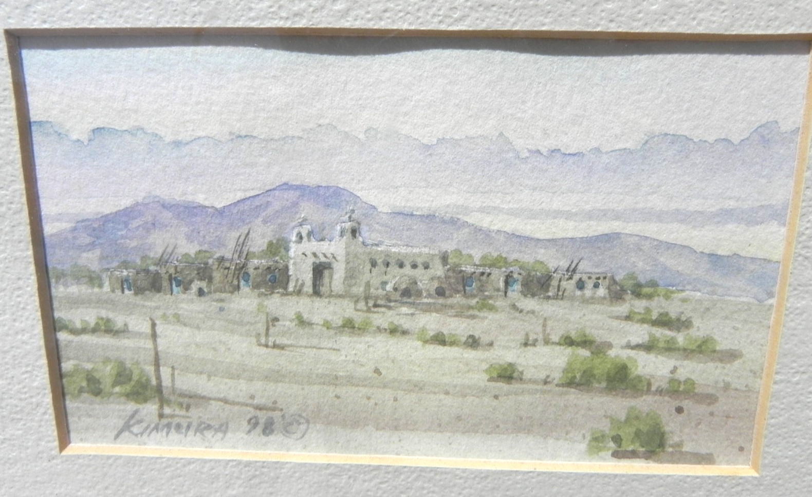 New Mexico Southwest art small watercolor painting mission church Eugene Kimura