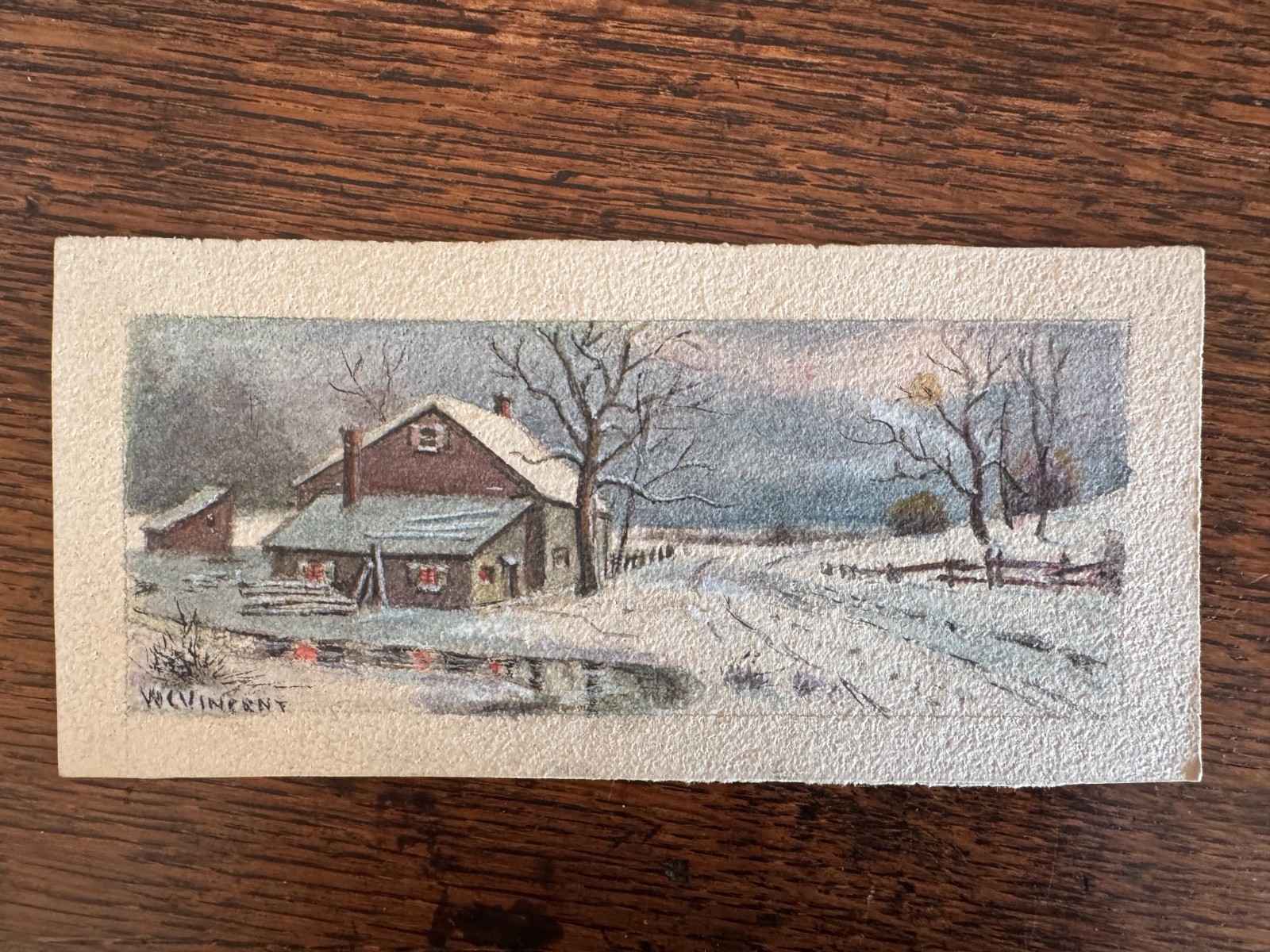 Vintage 1920s Watercolor Painting Snowy Winter Rural Farmhouse WC Vincent 3 x 7