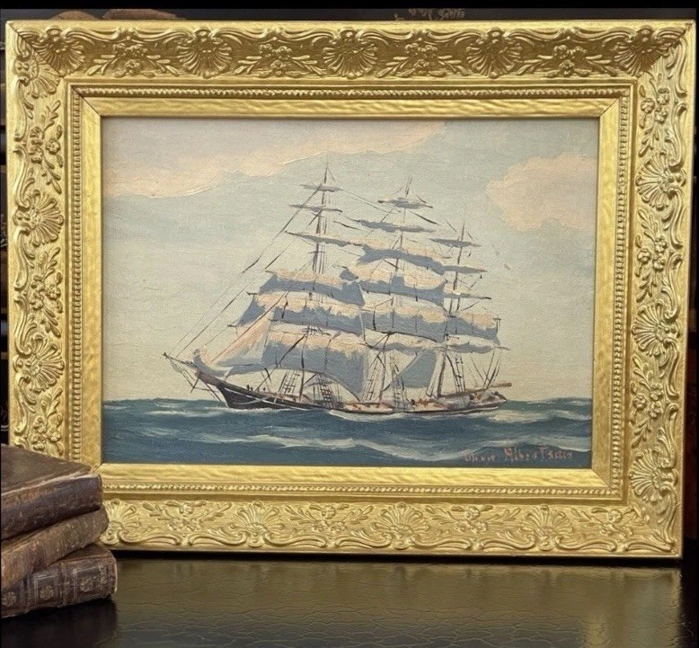 Antique Artist Signed Clipper Ship Maritime Seascape Oil Painting American c1925