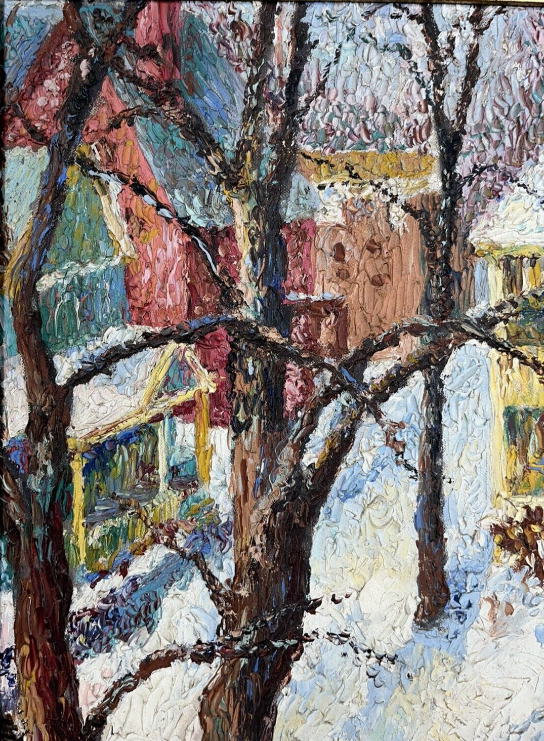 ORIGINAL TEXTURED AMERICAN TOWN ANTIQUE WINTER SNOW VINTAGE LANDSCAPE PAINTING
