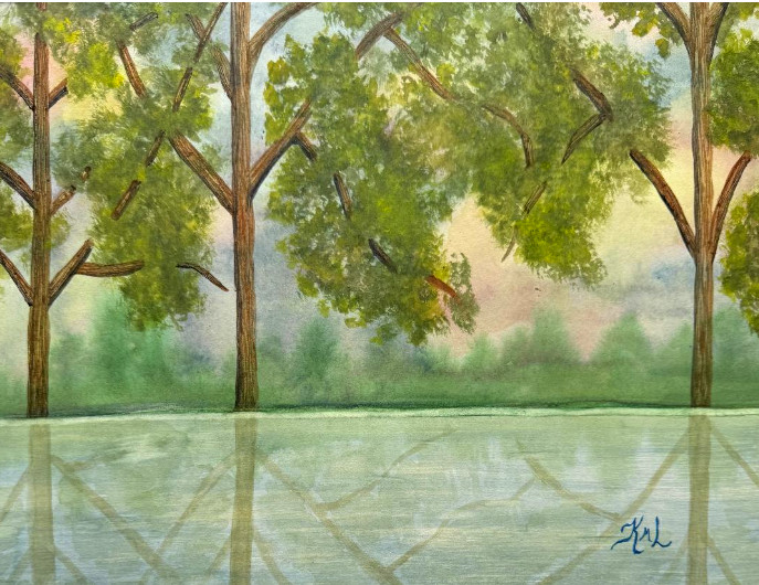 PAINTING WATERCOLOR SUNSET FOREST TREES LAKE LANDSCAPE ART 11X14 and MAT 16X20