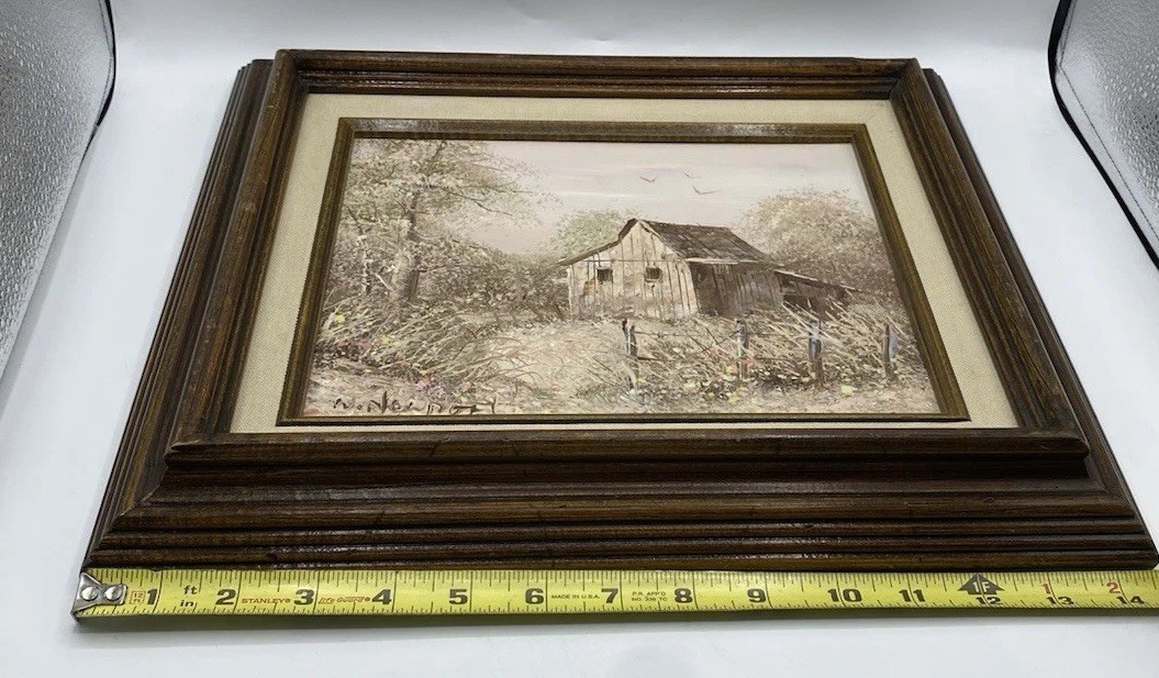 Vintage William Newport Barn Oil Painting Signed Landscape Linen Frame