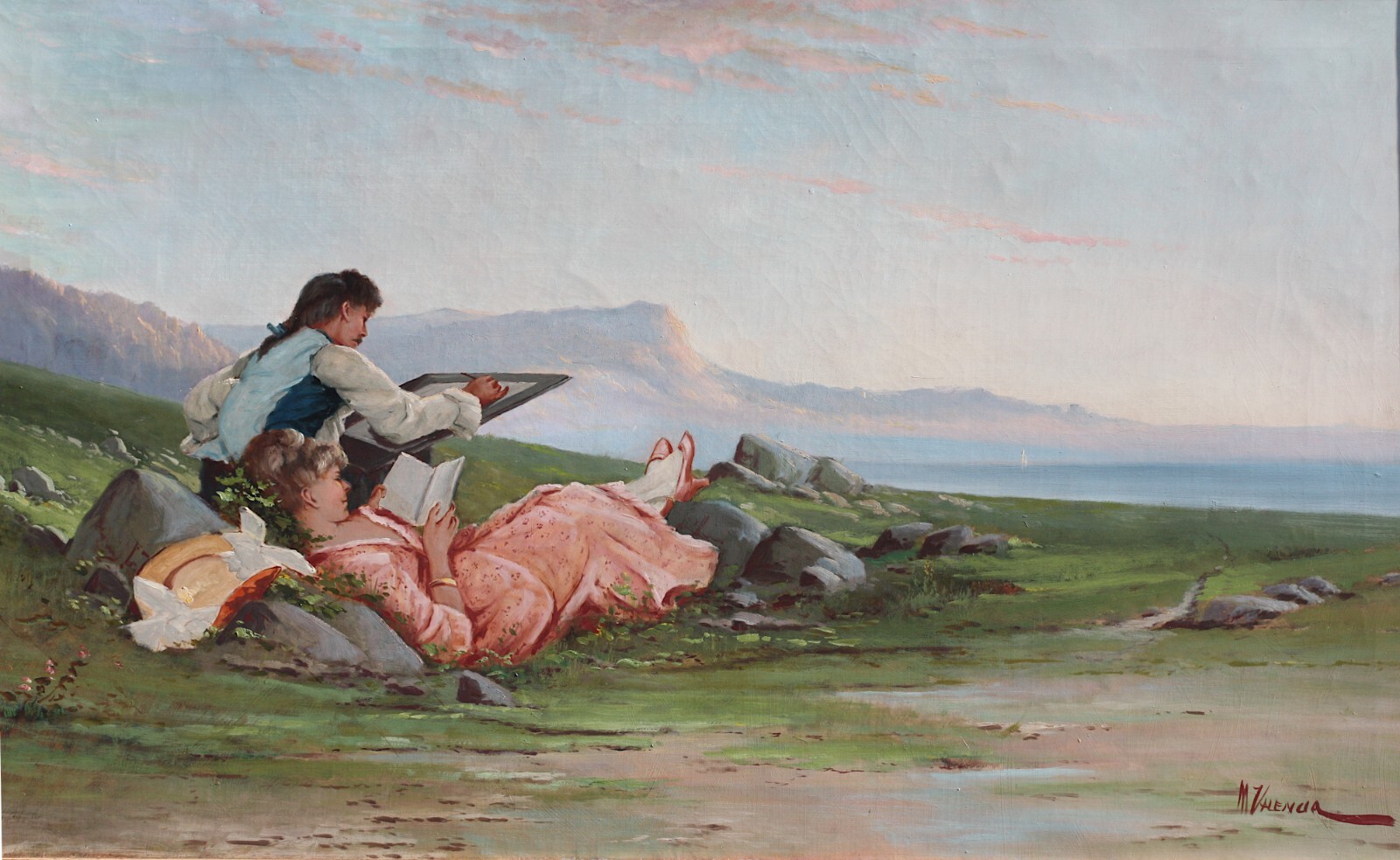 Manuel Valencia, (American, 1856-1935) Couple by a Lake, signed M Valencia