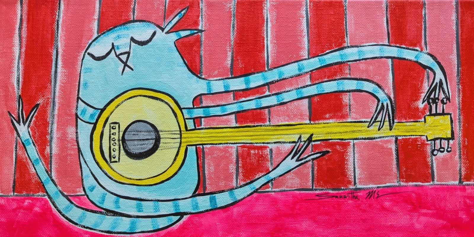 Cat Painting Original Collectible Music Guitar Modern Folk Art Samantha McLean