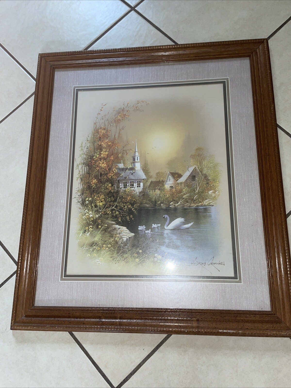 Art Andres Orpinas Print Signed Lithograph ?Church Pond Swan 25”x29” With Frame