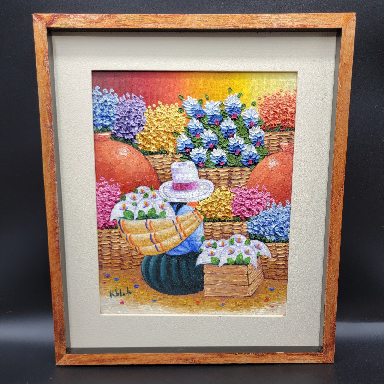 Peruvian Oil Painting Canvas 13×11 Colorful Folk Art Flower Market Cholita Women
