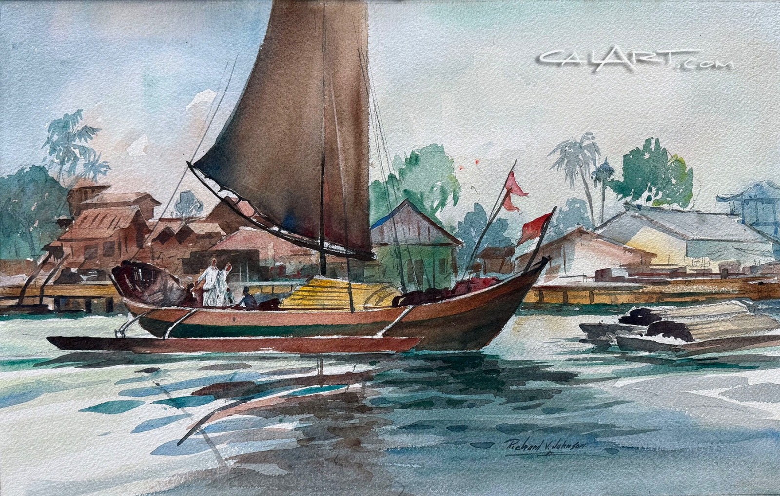 VINTAGE 1950s SOUTHEST ASIAN HARBOR BOATS Painting by Listed Artist
