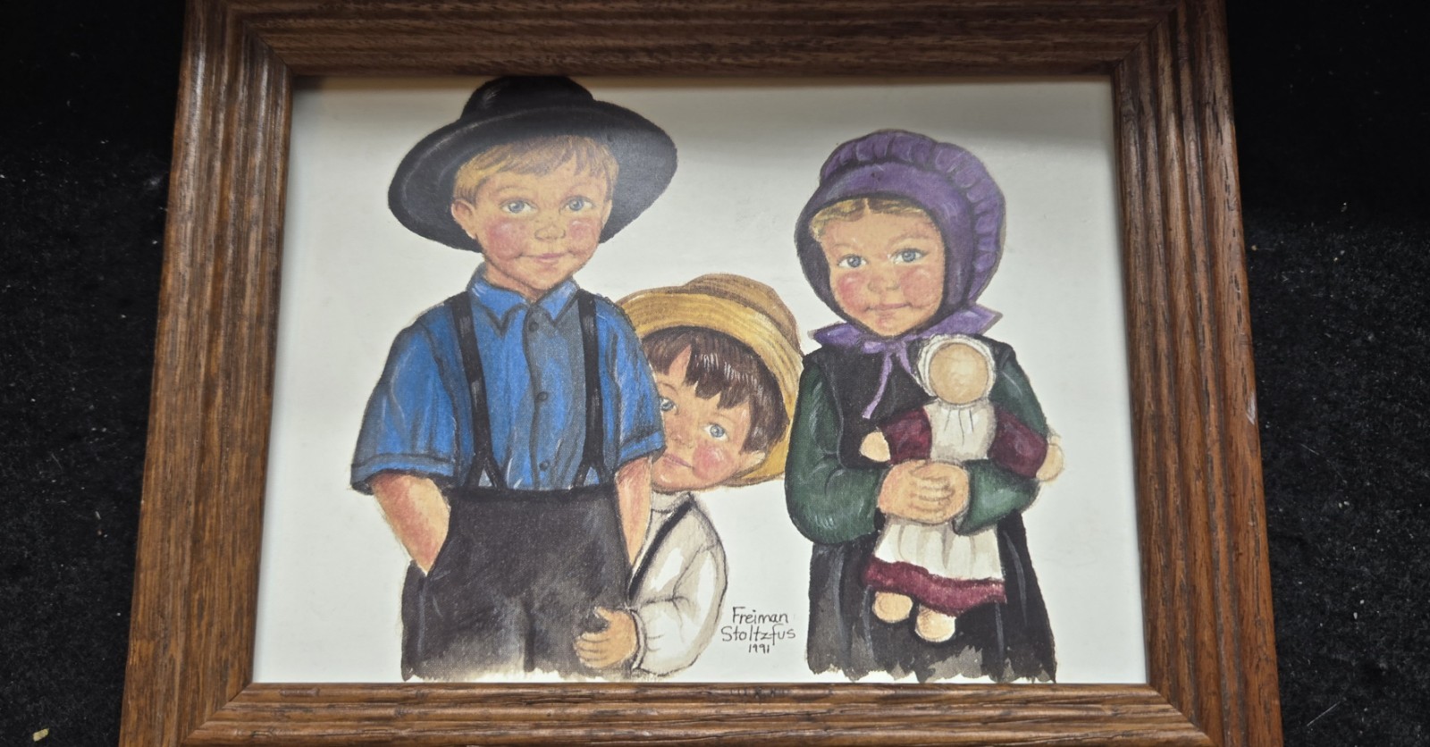 Franed Folk Art Painting Of 3 Amish Children By Freiman Stoltzfus 1991