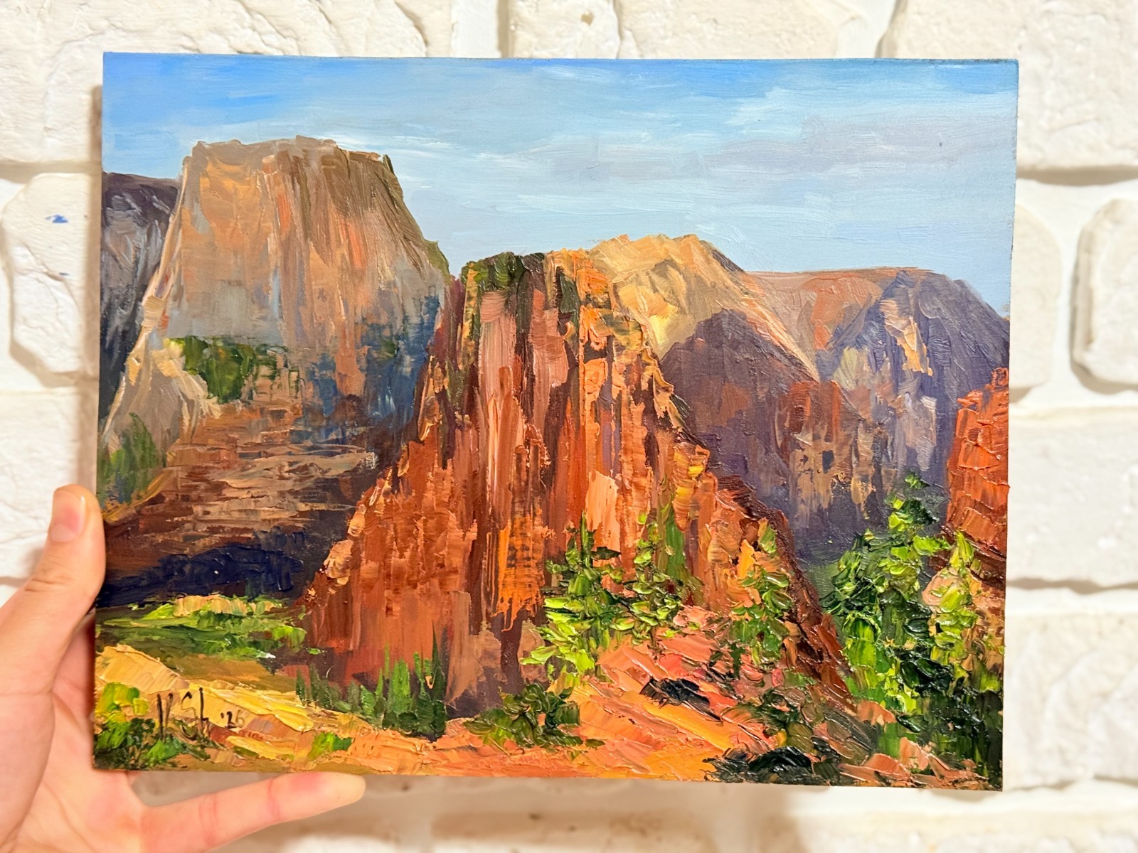 Landscape Mountains Zion National Park Original Oil Painting Impasto 8×10 in
