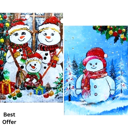 02 Pcs ACEO Original Christmas Snowman Acrylic Hand Painting Gift Art Set New