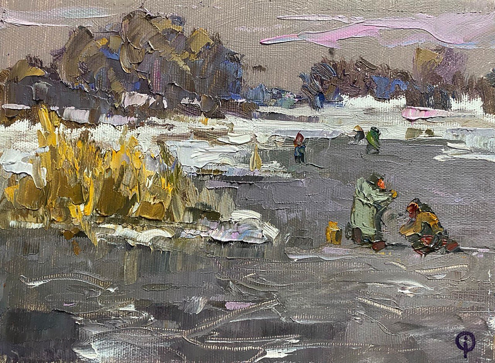 Oil Painting Winter Fishing O. Kalenyuk Unframed Original Decor Art nKalen1288