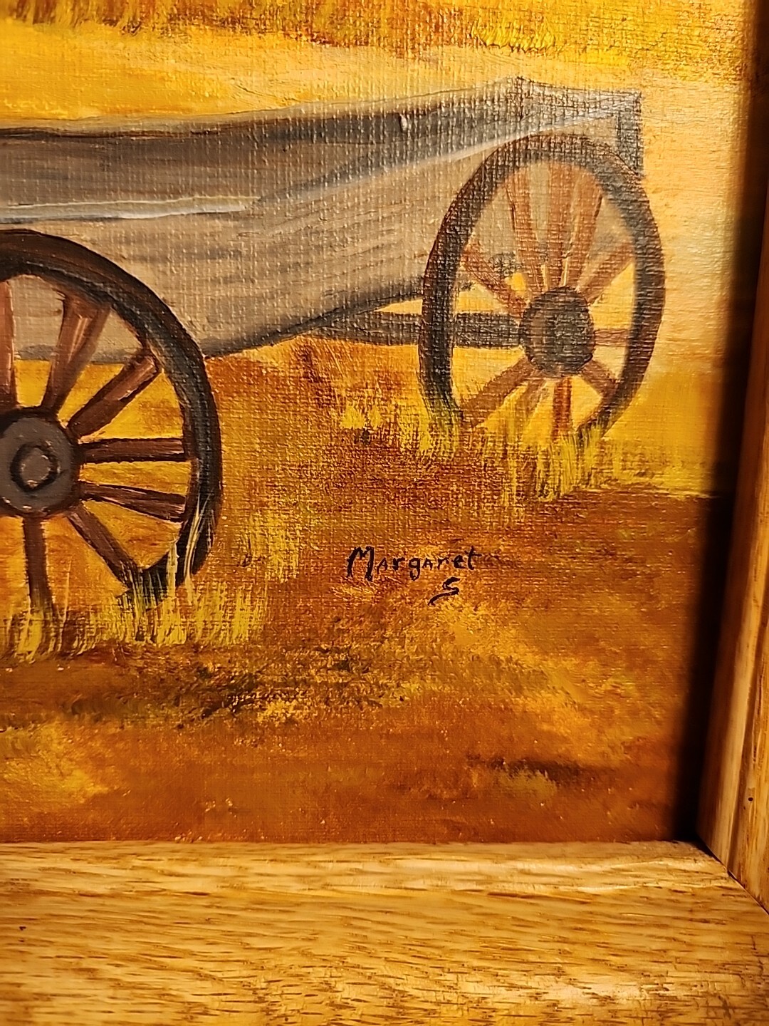 Vtg Wood FRAMED Painting Farm Still Life Wagon Rolling Hills Art Picture Signed