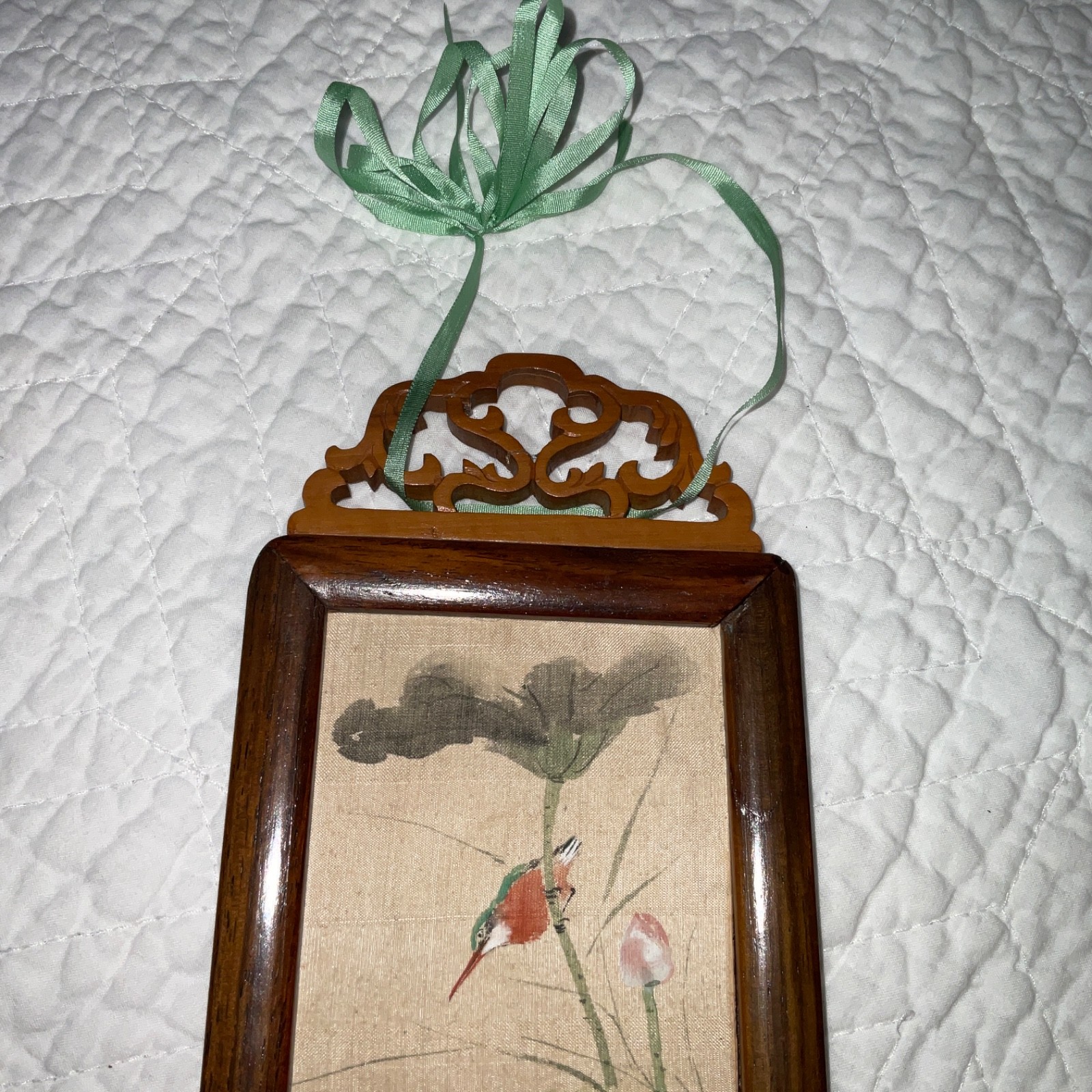 Small two sided Asian painting, original handpainted, flowers, floral birds