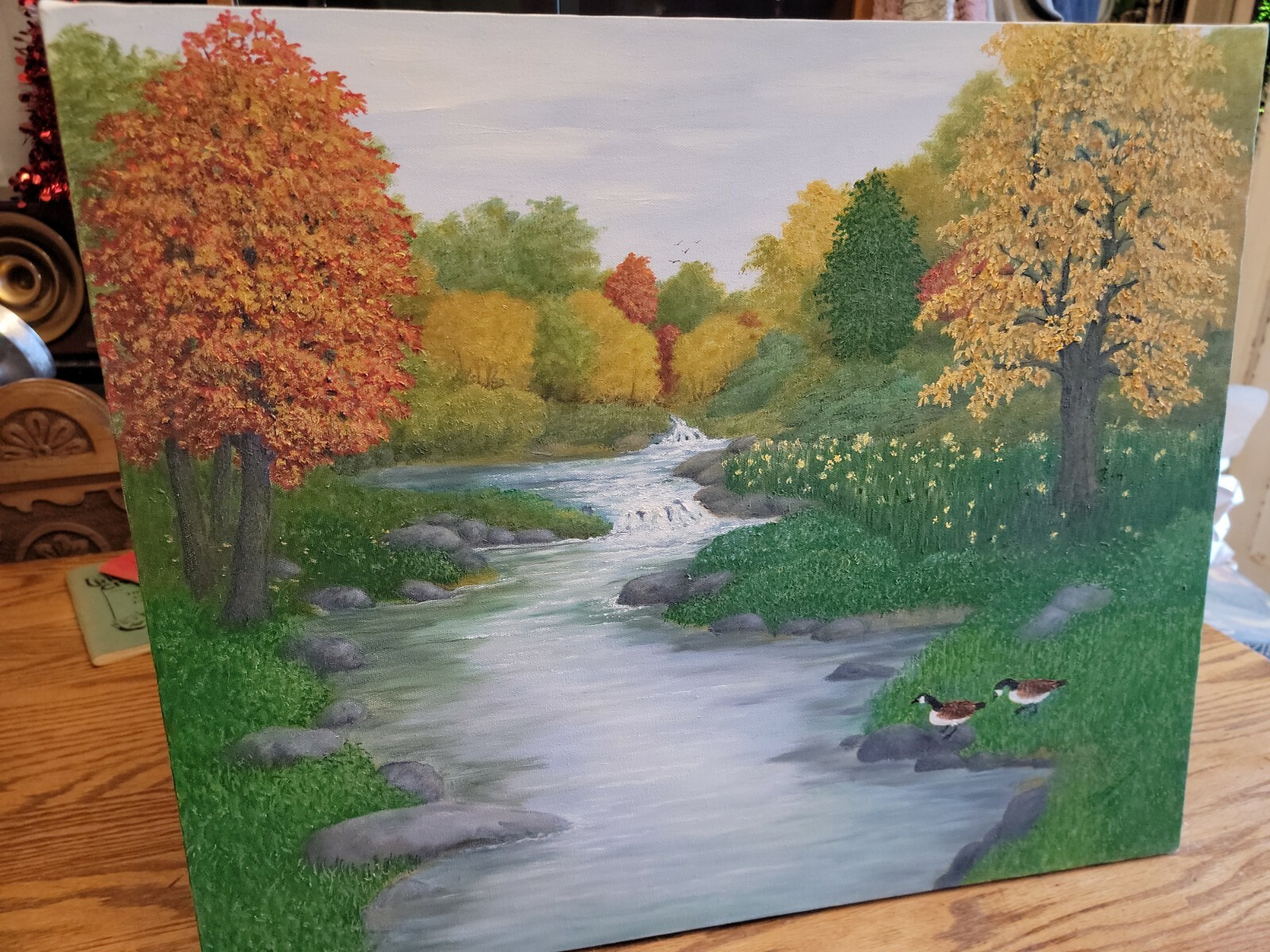 GEESE DUCK POND FALL ORIGINAL OIL PAINTING SIGNED VIOLET J WORKING CANVAS VTG VJ