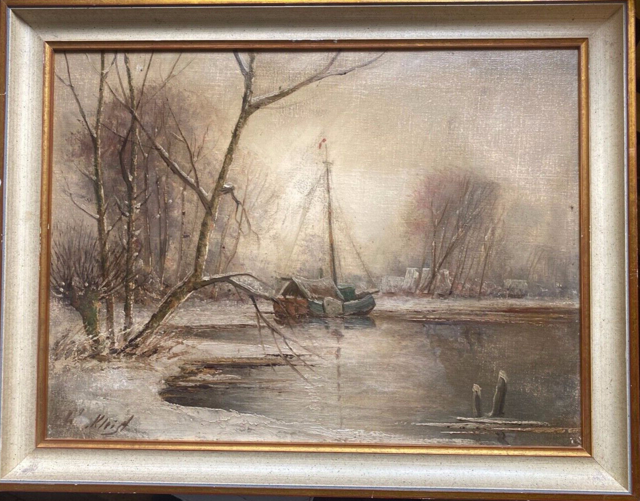 ::OIL PAINTING SIGN. H. KLEIST WINTER LANDSCAPE BY THE LAKE WITH BOAT BIEDERMEIER STYLE