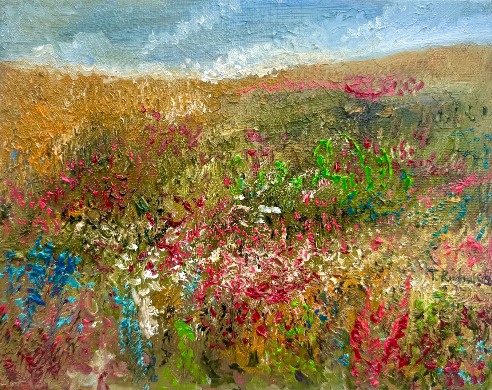 Original Oil Painting 8×10″ – Windflower Field Landscape – Moody Gray Sky and