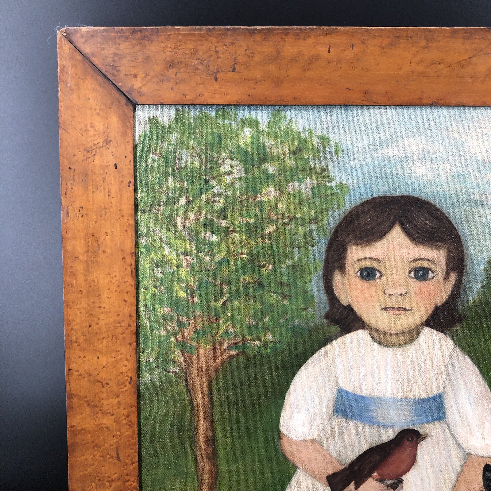 ‘Sarah’ 1980 Original Framed, Signed, Dated Girl /Bird/Dog Folk Art 25 X 20