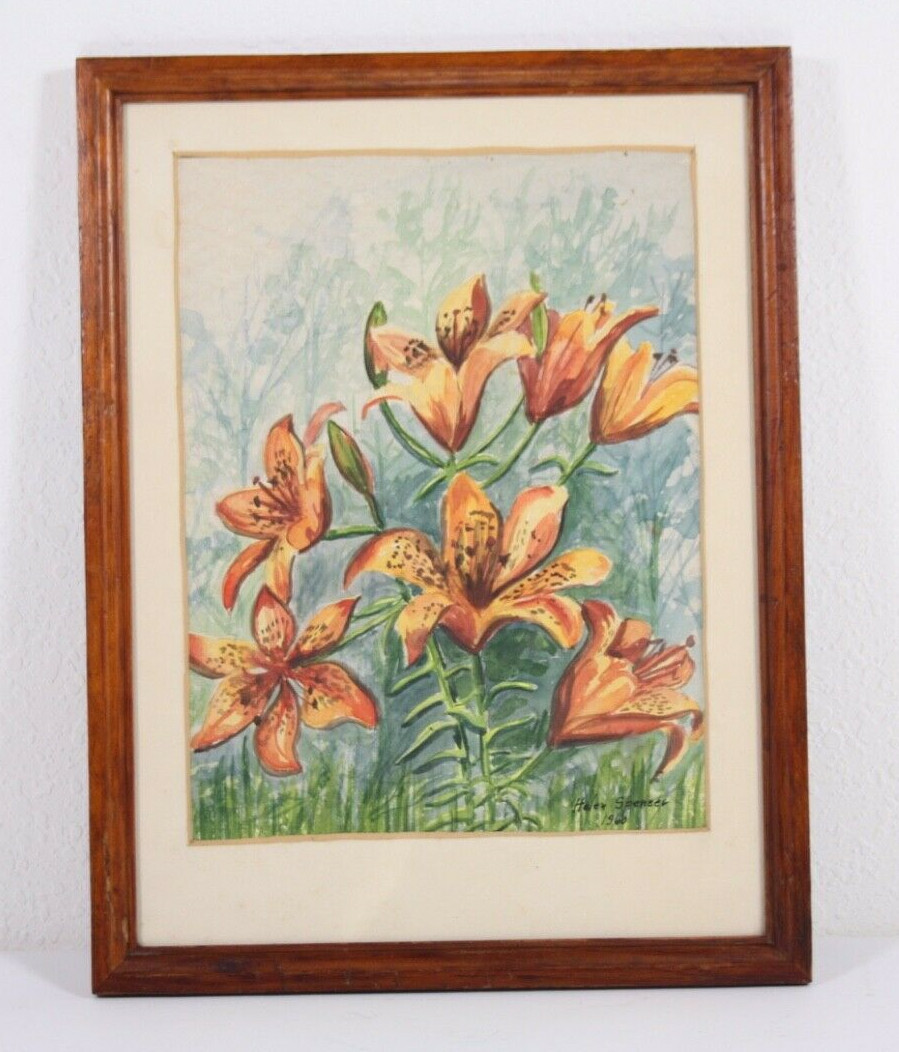 Mid Century Signed Helen Spencer 1960 Water Color Tiger Lillies Vtg Mod Framed