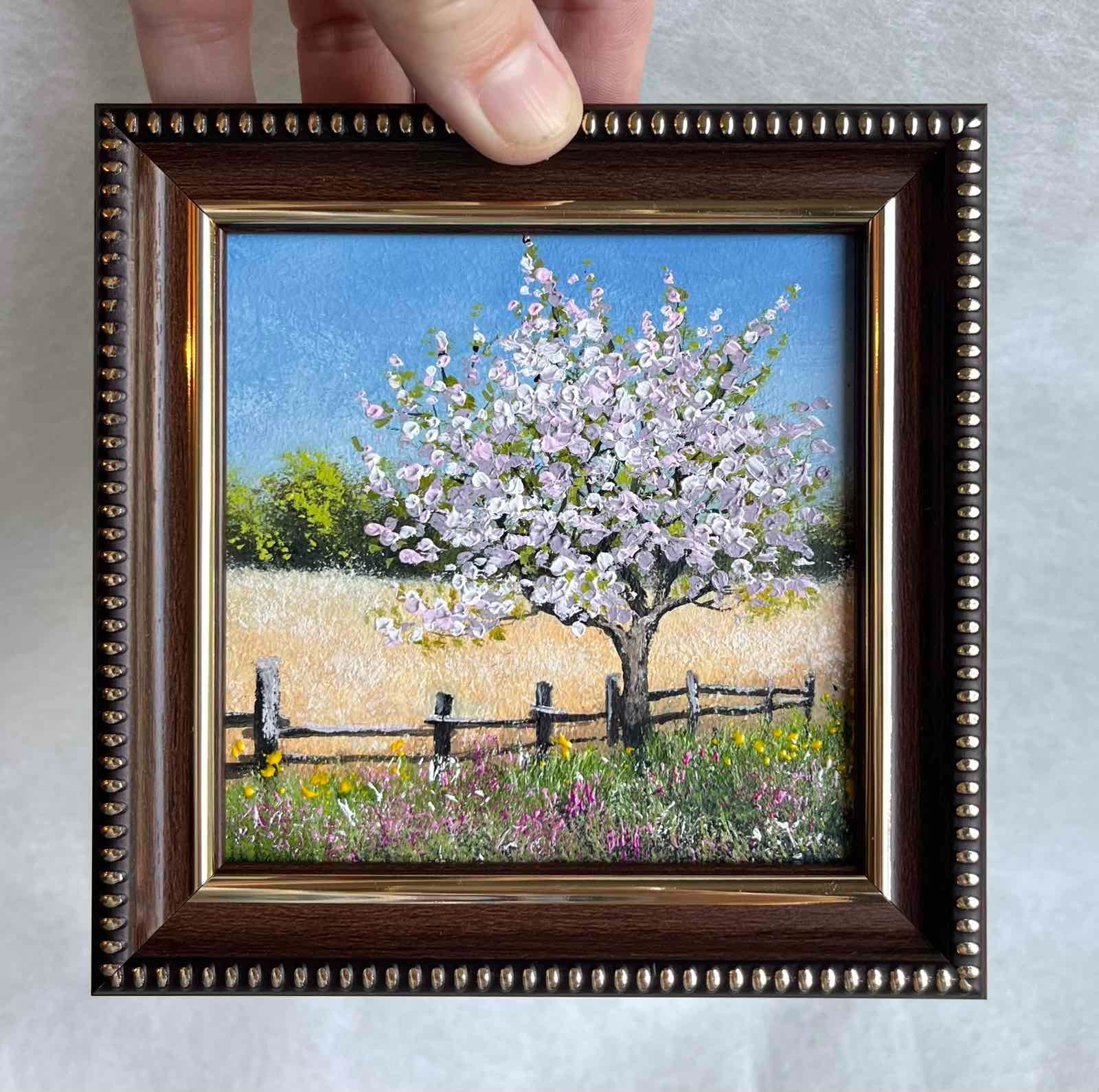 Original Oil Painting Village Landscape Field Apple Flowers Wall Art 4 x 4 in