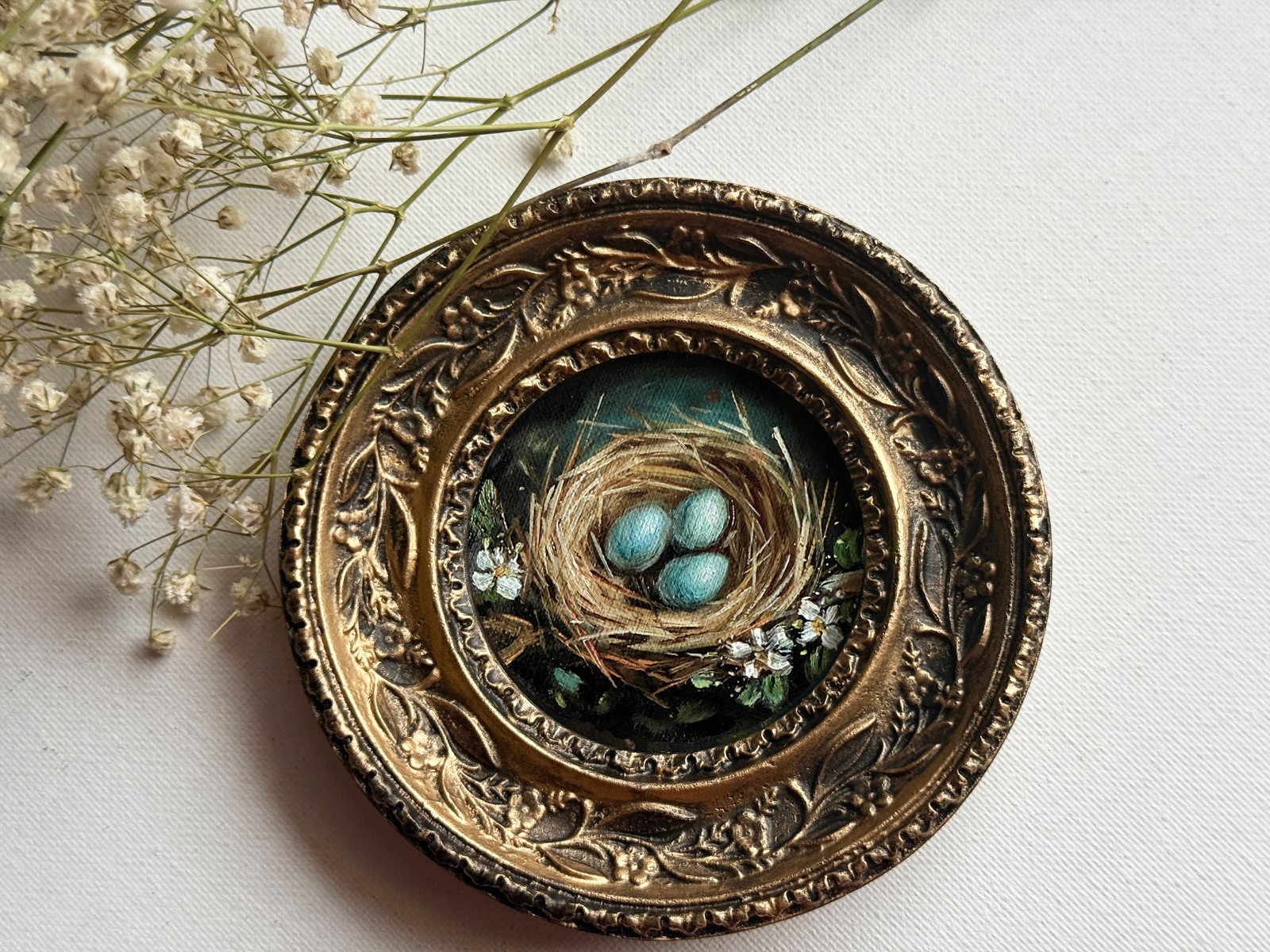 Original Oil Painting Miniature Gold Framed Bird Nest Hand Painted Art