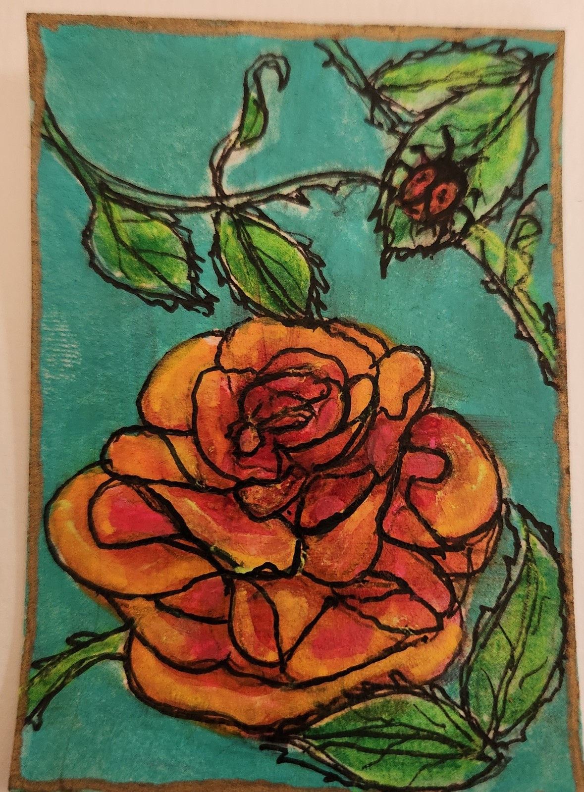 ACEO original painting, rose, ladybug, garden Caribbean Rose