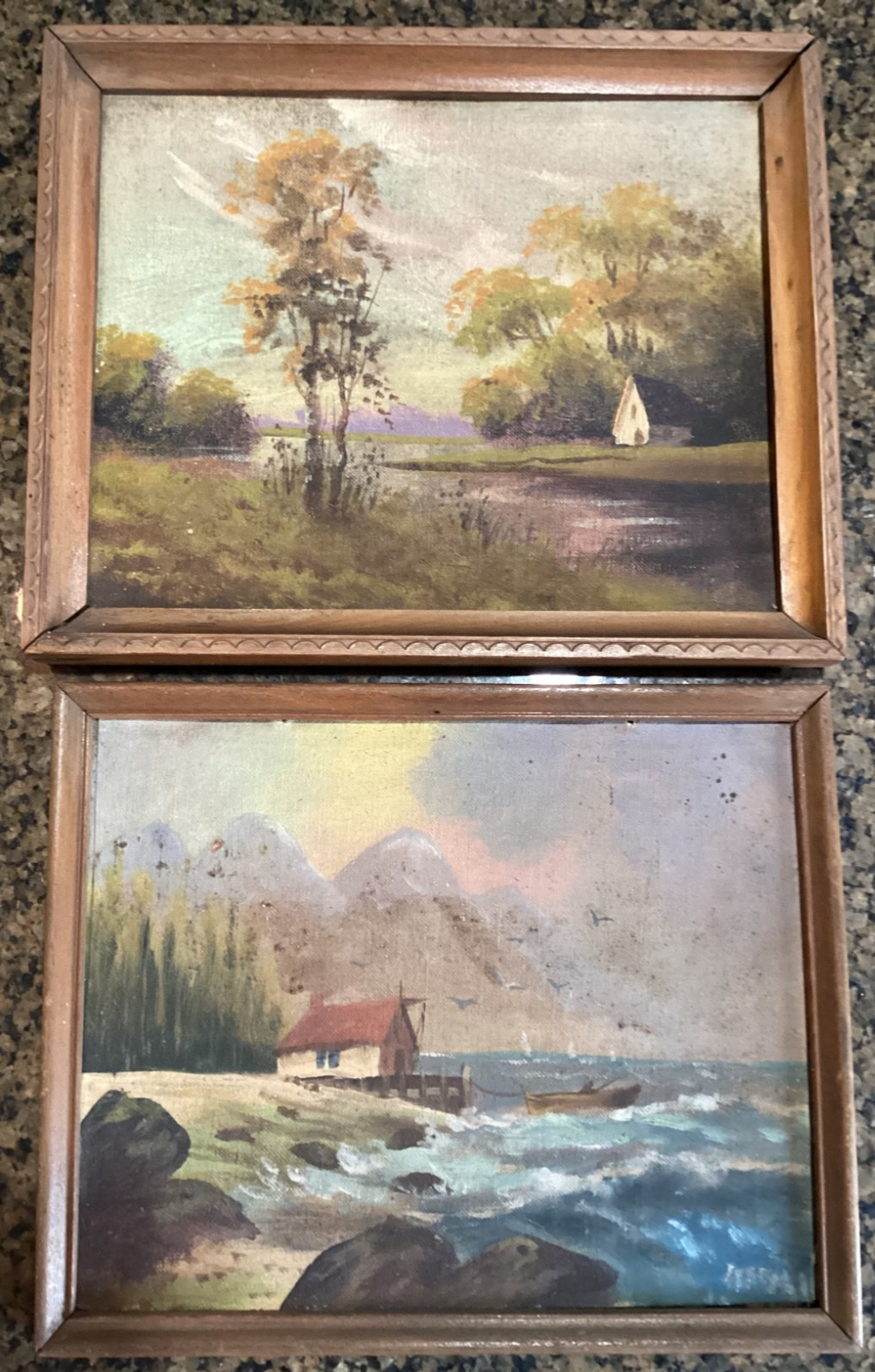 2 Antique 8”x10” Americana Folk Art Landscape Oil Paintings AAFA Hudson River Sc