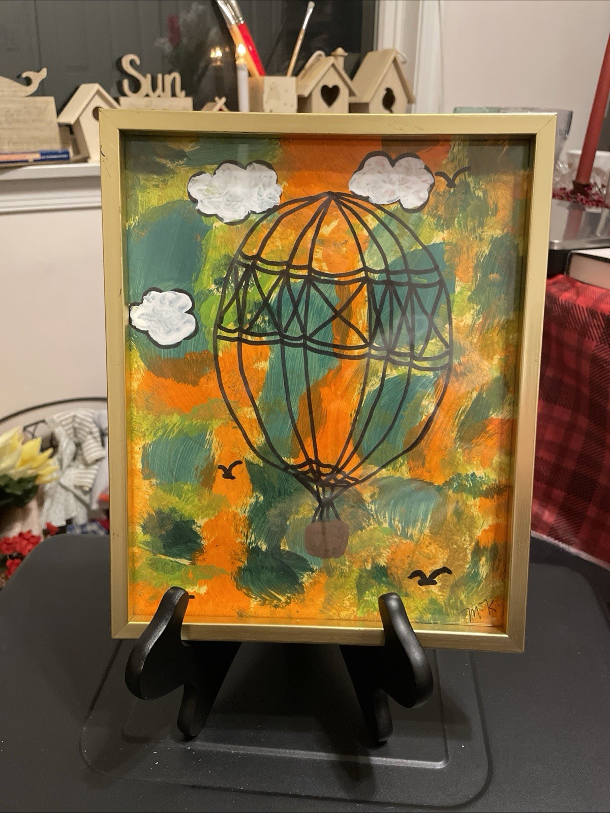 Abstract Acrylic Framed Hot Air Balloon Painting 10.25 X 8.5 Inches