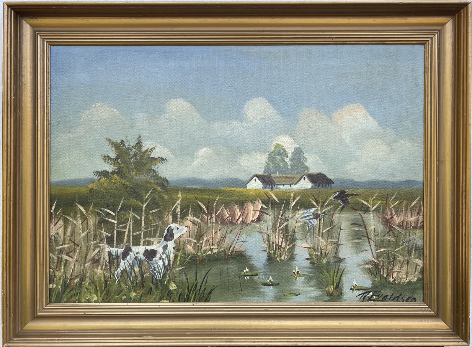 Impresssionist Wide Summer Landscape With Lake Home Jagdhund Ducks Oil Painting