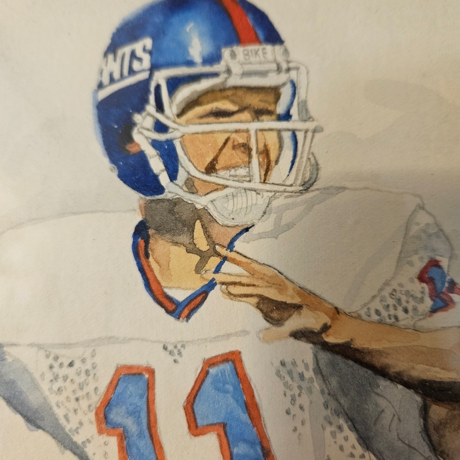 Phil Simms New York Giants Framed Watercolor Painting Signed Sports Art 9×11
