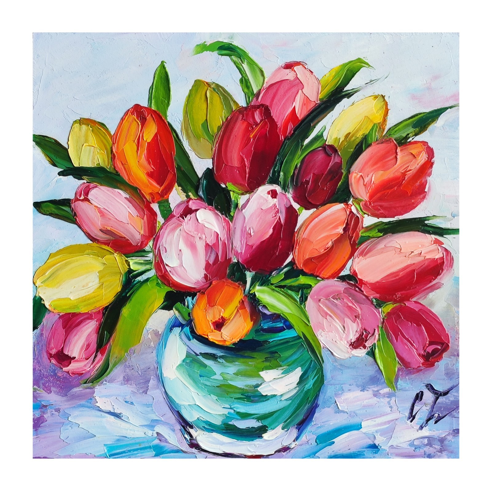 original oil painting Tulips colorful flowers artwork Floral wall art 8*8 inch