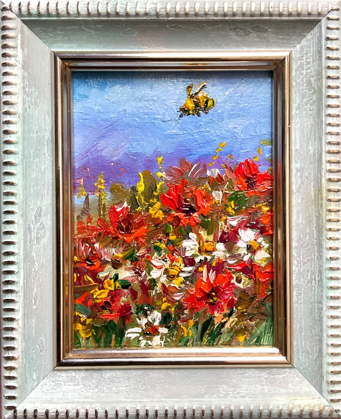 Original Oil Painting Poppy Field Wildflowers Impasto Mini Art 3×2.5in Signed OS