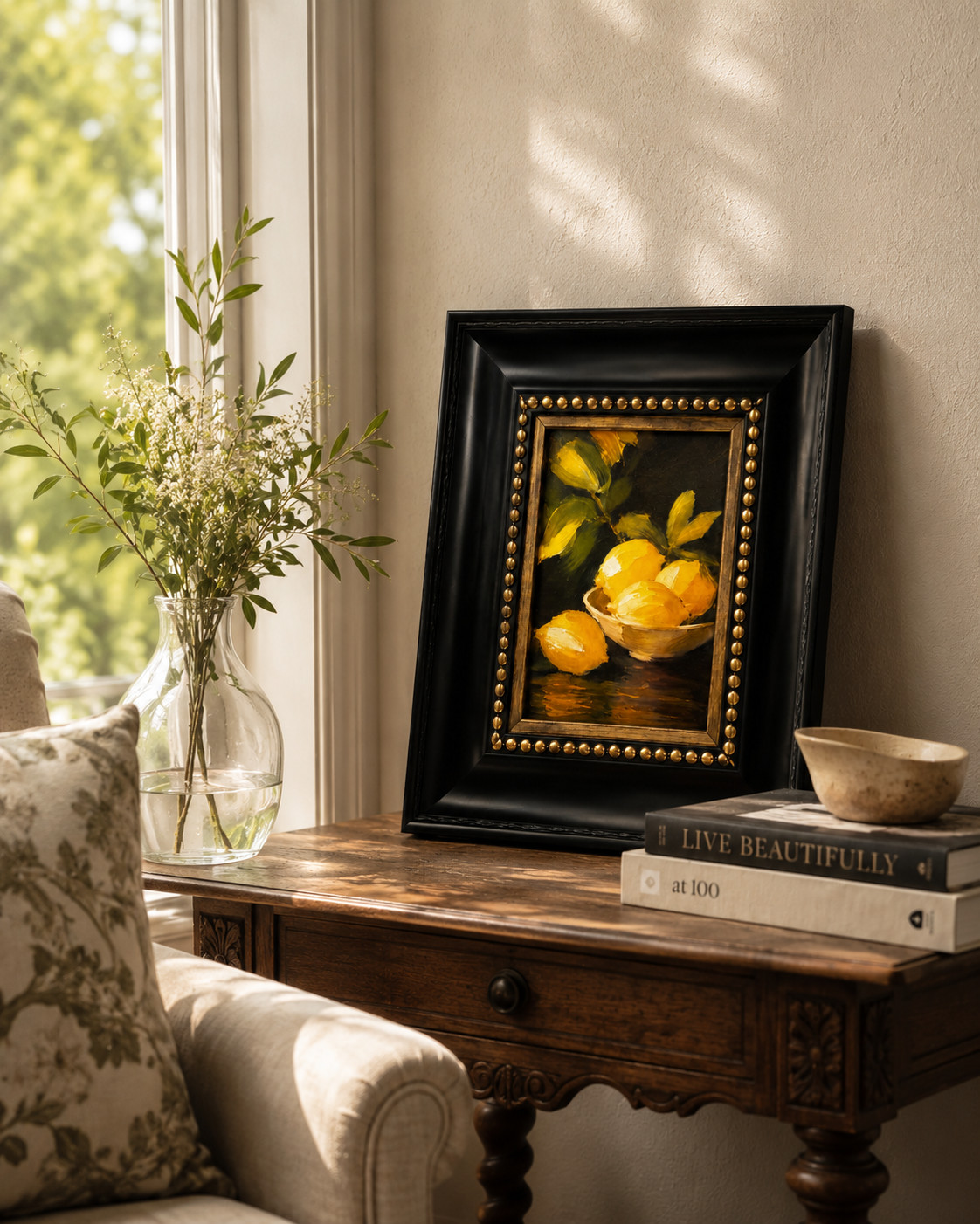 Lemon Still Life Impasto Textured Canvas Print Framed Black Gold Wall Art