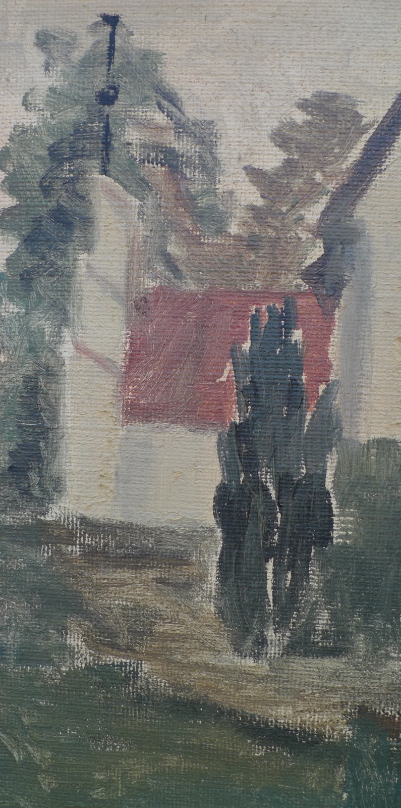 Unknown Expressionist Landscape with Church Cemetery Graves Oil Painting