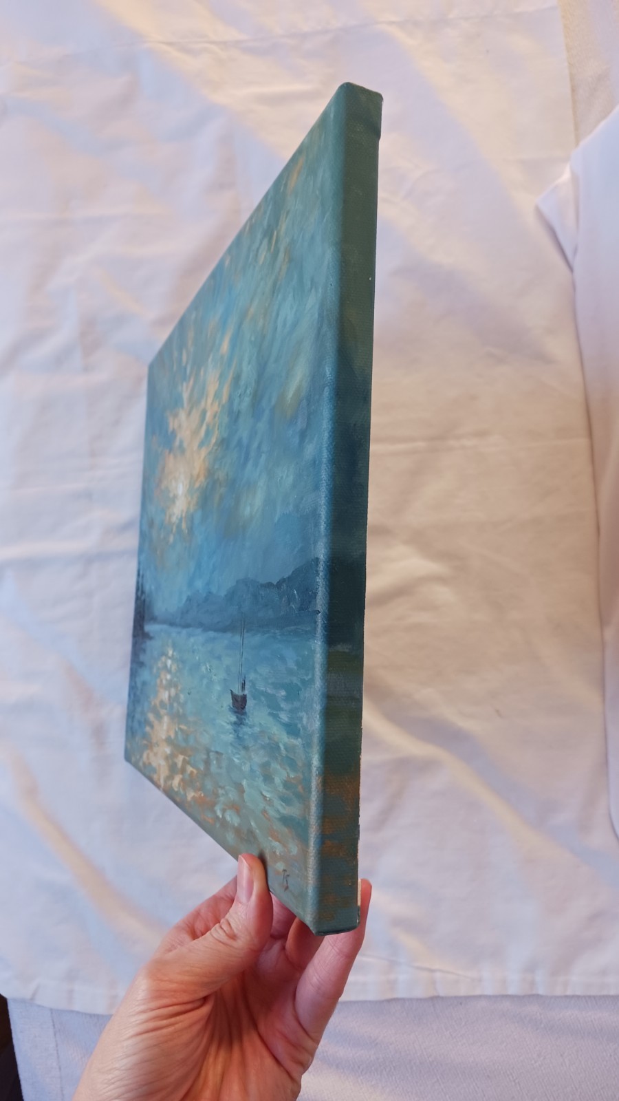 Ocean Boat Sunset ORIGINAL Oil Painting Modern Art Impressionism 11″x14″