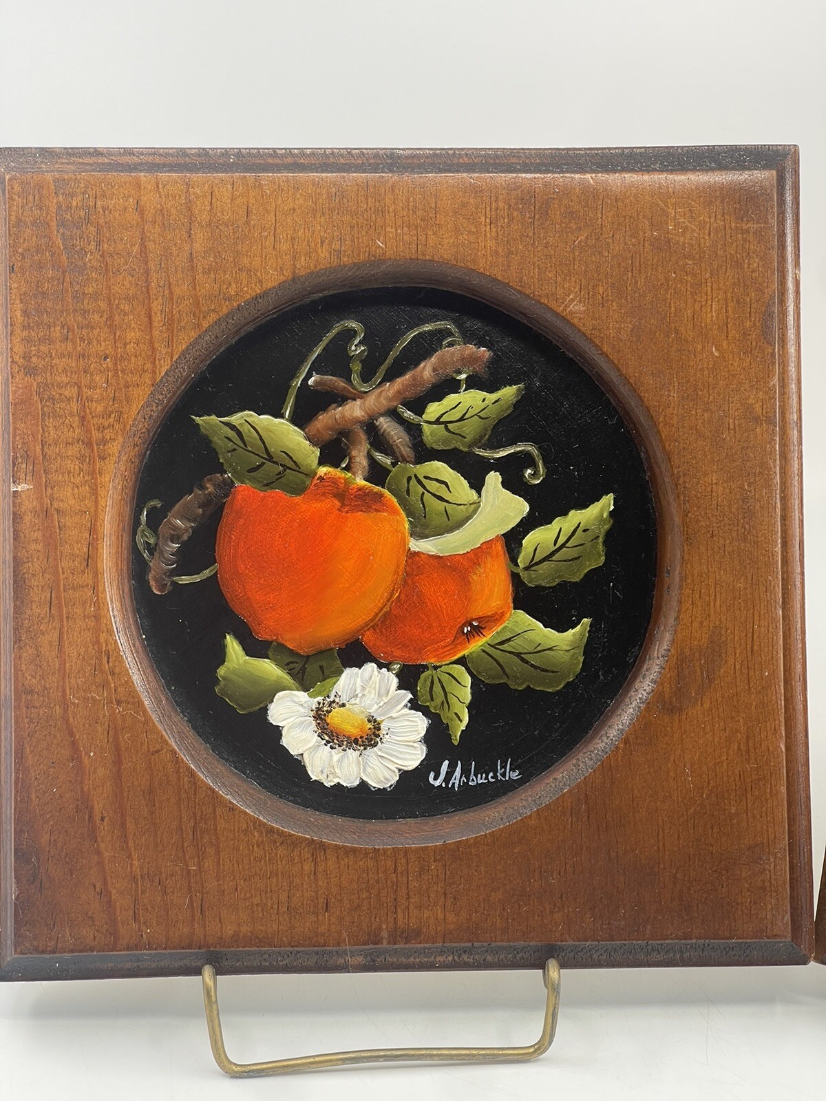 VTG Still Life Hand painted Pears Apples Daisy Hand Carved Frames Miniatures