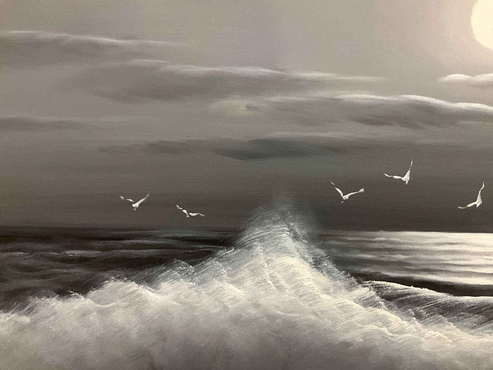 Original Oil Painting calming black and white seascape, bright white moon 24×36