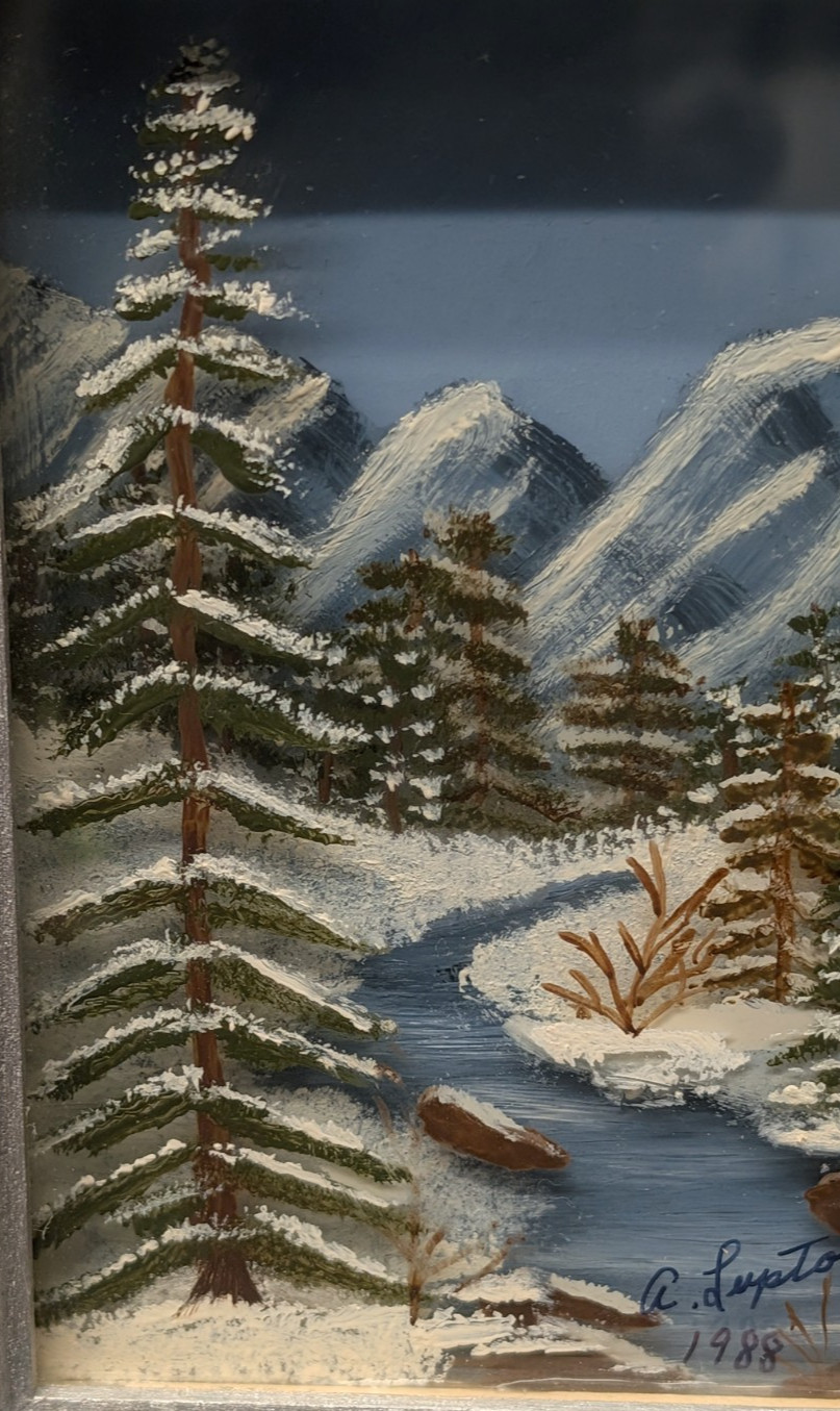 Original Winter Landscape Painting Framed Layered Glass Art Snow Mountains 6″x5″