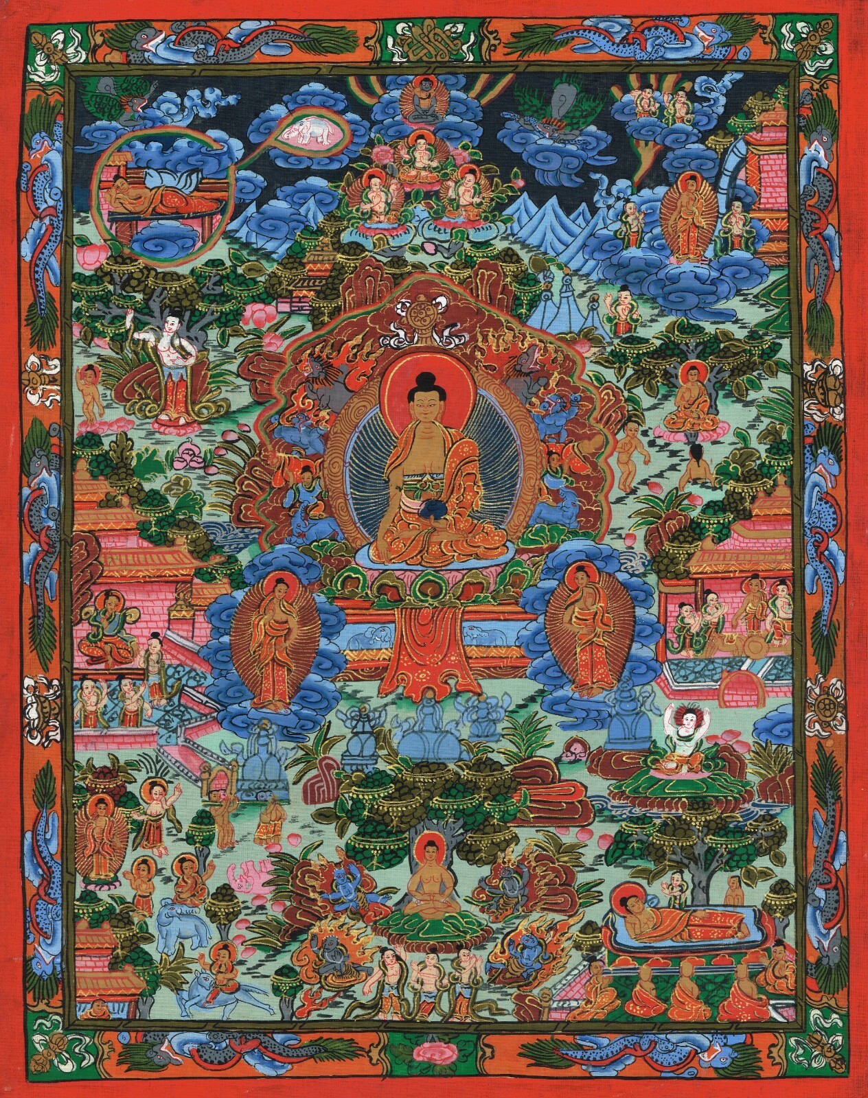 Handmade Thangka Painting Of Lord Buddha Life Circle Art On Cloth 12×15.5 Inches