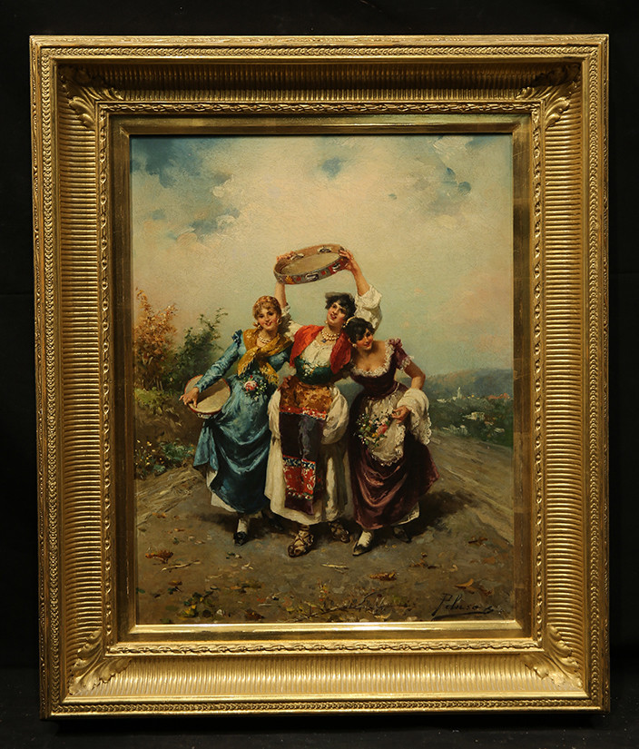 Antique Painting Young Gypsy Girls Tambourine Flowers Beautiful Gold Frame