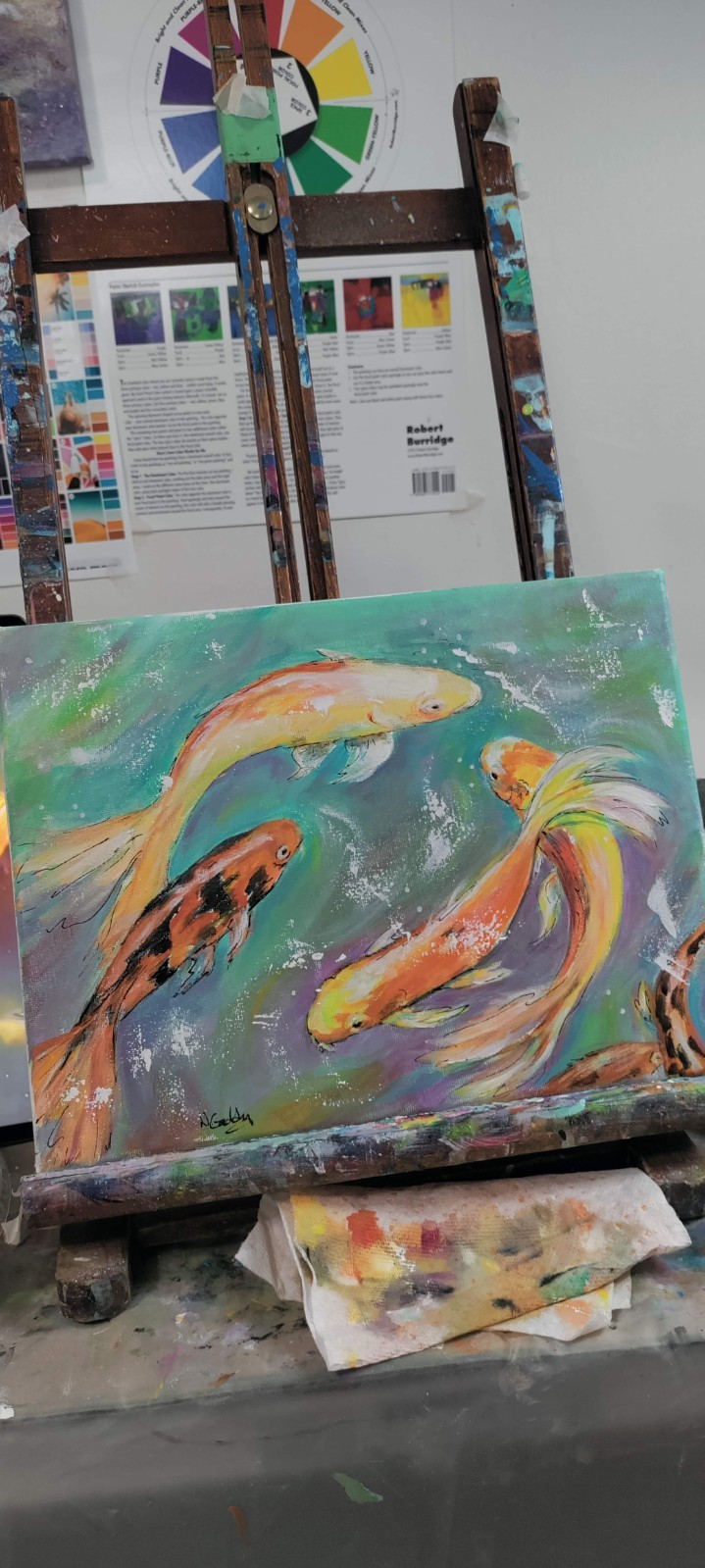 Original 9 x 12 Expressionism Colorful Koi Fish Canvas Wall Art Acrylic Painting
