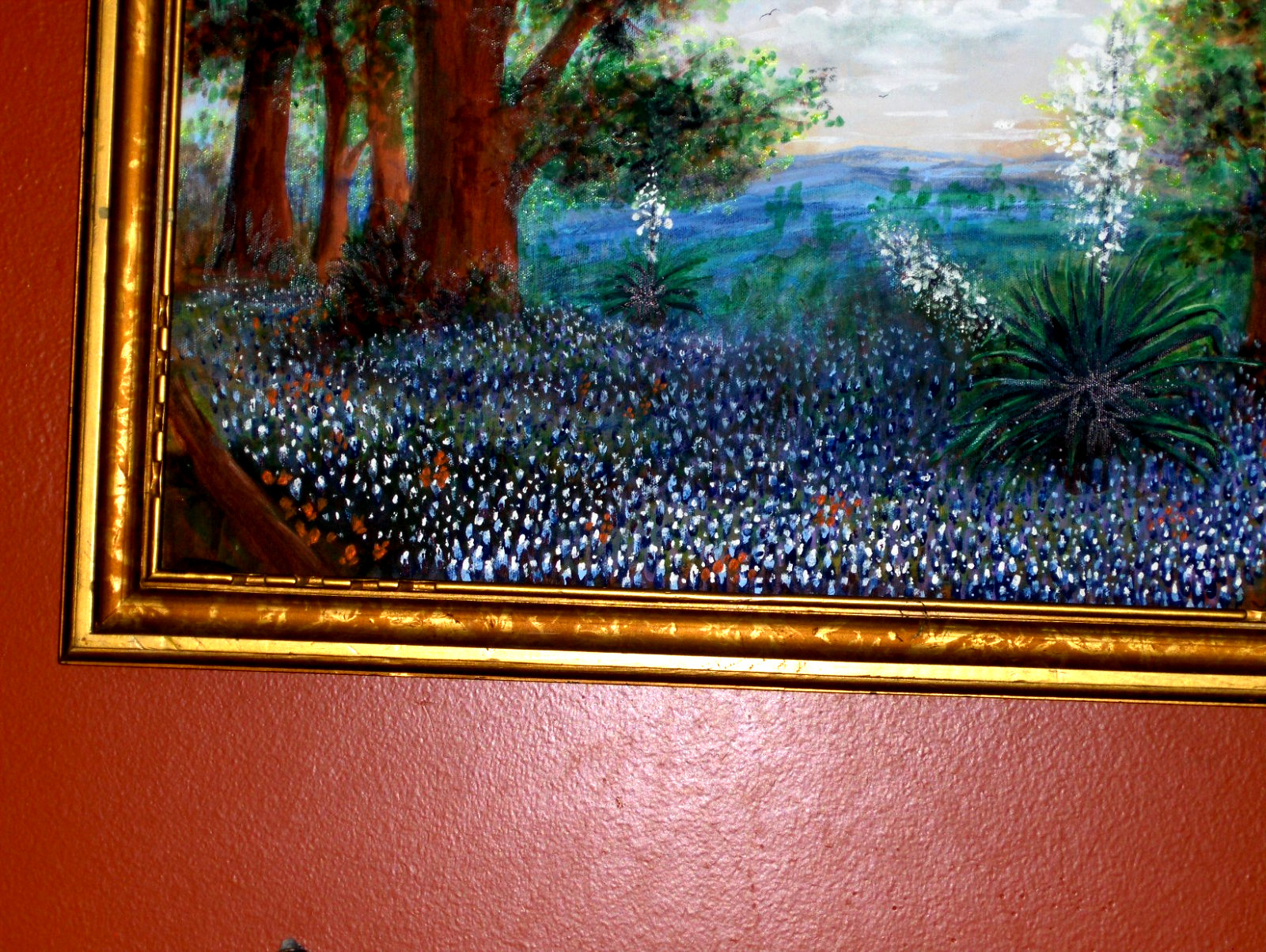 GORGEOUS Original Bluebonnet Landscape Bird Sky Blooming Yucca TX VINTAG Oil Art