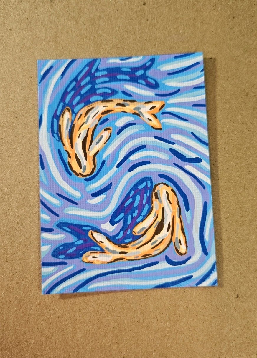 ACEO Orange Koi Fish Mini Painting Original Acrylic Marker Artwork Signed Art