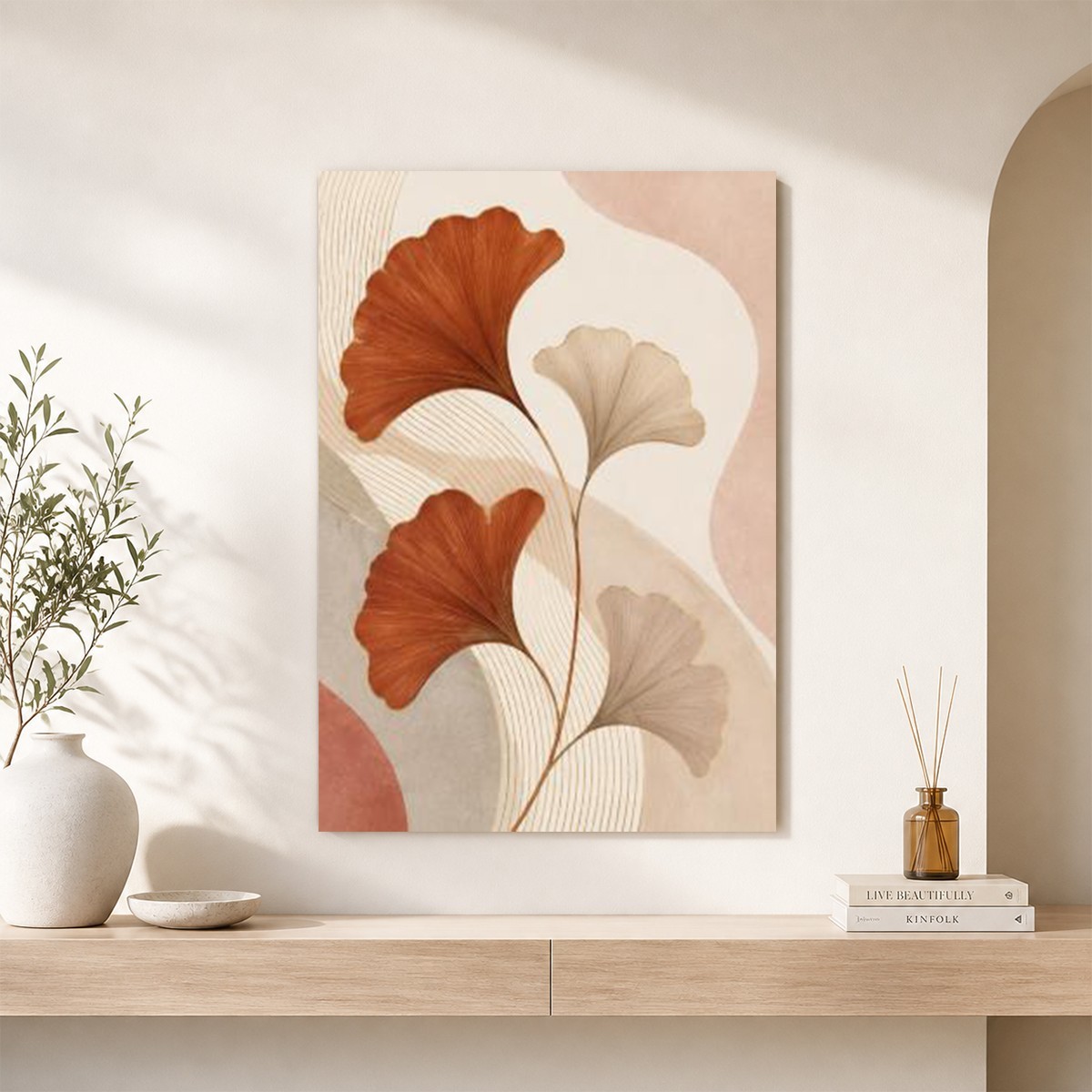 Rust Orange Ginkgo Leaf Canvas Wall Art Abstract Botanical Print Neutral Home